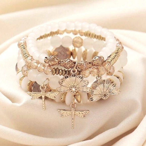 SALE Iridescent Ivory Beaded Dragonfly Flower Charm Bracelet Set - Picture 1 of 2